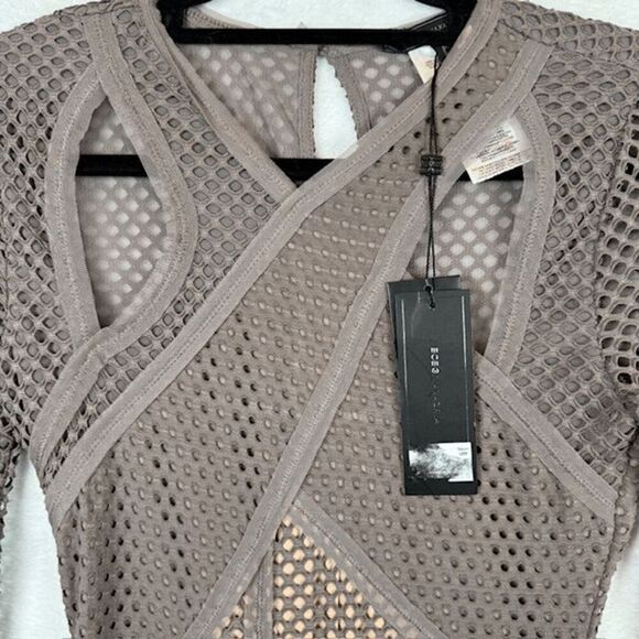 NWT BCBGMaxAzria Jaylynn Mesh Patchwork Dress Taupe Brown Bodycon Sexy Size XXS - Picture 3 of 13